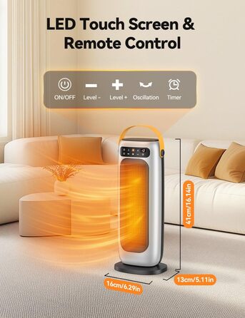 Електричний обігрівач PTC керамічний 1500W з пультом, 4 режими, осциляція 110°, таймер 1-10 год, захист від перегріву та перекидання. Компактний обігрівач для дому (сріблястий)