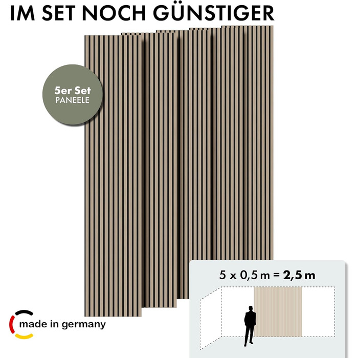 Акустичні панелі Momento з натурального дуба 240x50 см, набір 5 шт. — 3D ламельна стінова облицювання для шумоізоляції, колір Дуб Натуральний, чорний фетр (Made in Germany)
