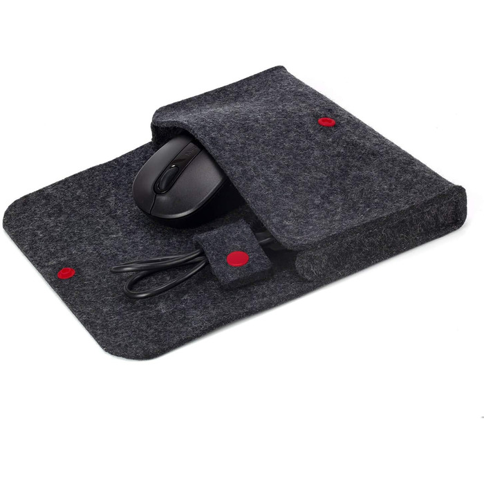 Wool felt bag for electronics accessories, anthracite color, red button