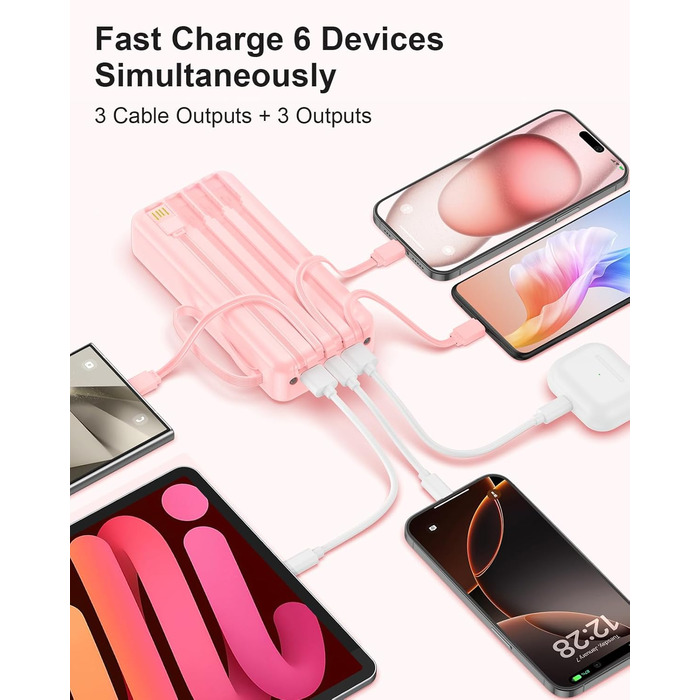 Портативний зарядний Power Bank 20000mAh з LED дисплеєм (2026 Upgrade), рожевий, 6 виходів, 2 входи, 22,5W