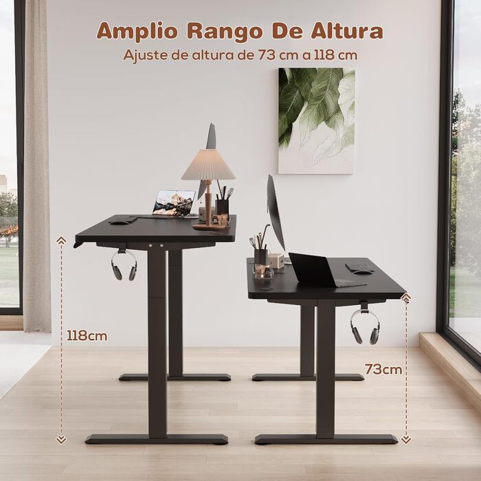 Devoko Adjustable Height Desk - Electric Standing Desk with Memory Function, 73-118cm Height, Collision Detection, Black, 140x60cm