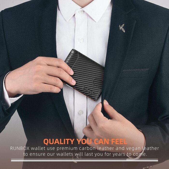 RUNBOX Гаманець-Кліп для Грошей з Шкіри, RFID Захист, Тонкий, Чоловічий, з Подарунковою Коробкою (Чорний та Оранжевий)