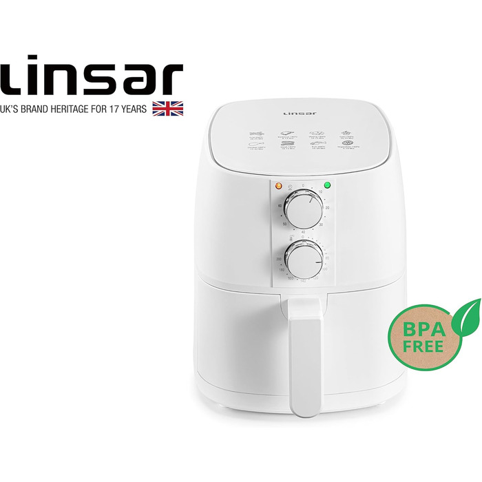 Аерофритюрниця Linsar 4 л, з таймером, функцією підтримки тепла, регулюванням температури, 1400 Вт, енергоощадна, біла