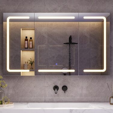 Дзеркало для ванної кімнати зі світлодіодним підсвічуванням, розеткою та 3 колірними температурами | Шафка для ванної кімнати 60x90x16 см (ВxШxГ), диммер + сенсорне управління | Біла шафка-дзеркало для ванної кімнати з 3 регульованими полицями та дзеркало