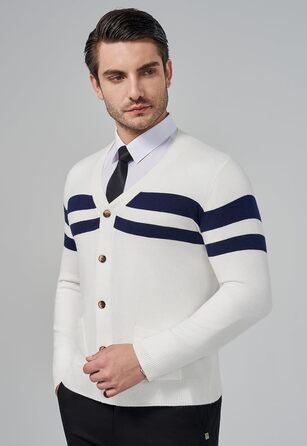 Чоловічий в'язаний кардиган KUYIGO з V-подібним вирізом, ґудзиками, довгим рукавом, легкий, м'який, з вовняної суміші, з кишенями, смугастий (XXL, XXXL, білий/блакитний)