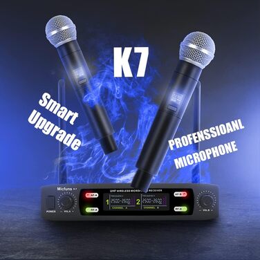 Мікрофонний комплект Micfuns K7 Professional: бездротові ручні мікрофони VHF 230-250 МГц для караоке, вечірок та мовлення. Дальність дії: 100 м