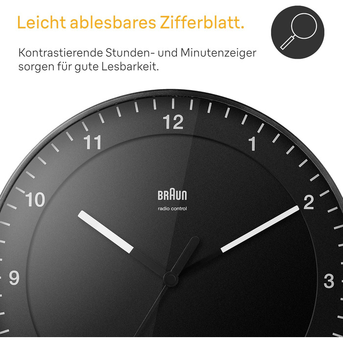 Braun Classic Large Radio Wall Clock, Central European Time Zone (CET/GMT+1) with quiet movement, easy-to-read dial, 30cm diameter, black model BC17B-DCF.