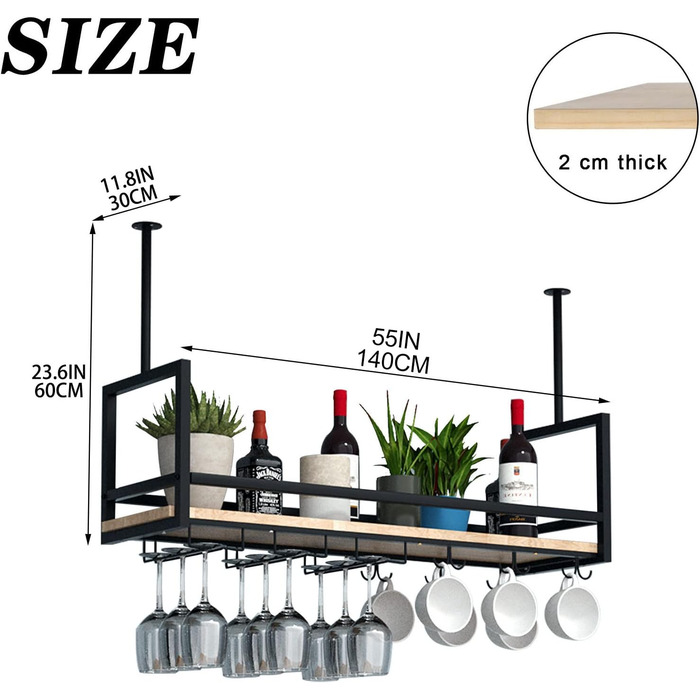 Металевий настінний/підвісний стелаж для вина DSVONAUS, 140x30x60 см - для бару, ресторану, кафе, кухні