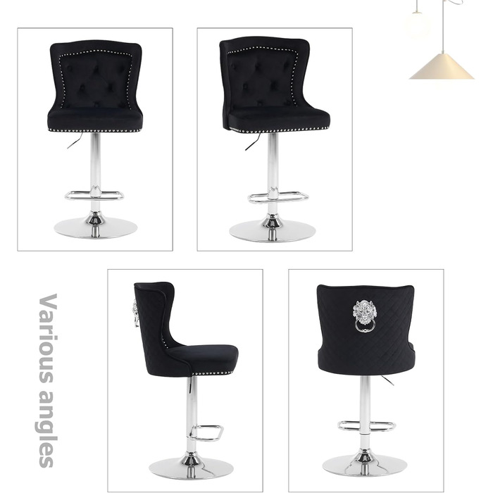 KHISCHMO Velvet Bar Stools 2-Pack - Modern Adjustable Kitchen Counter Barstools with Lion Paw Pulls - 360° Swivel, Black