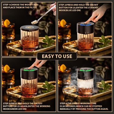 iDiskk Набір для копчення коктейлів: електричний димогенератор для віскі, вбудований запальник, 6 дерев'яних стружок для Old Fashioned, бурбон, міксологія
