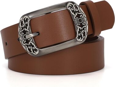 Жіночий шкіряний ремінь Suosdey, класичний чорний з квітковим пряжкою, для джинсів, суконь, модний аксесуар (колір: рудий коричневий, довжина 120 см, розмір: 93-103 см)