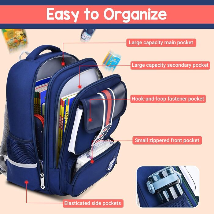 Шкільний рюкзак для хлопчика IvyH, 2-5 клас, 20 літрів. Ергономічний дитячий рюкзак для початкової школи, водонепроникний, 8-12 років, темно-синій/червоний