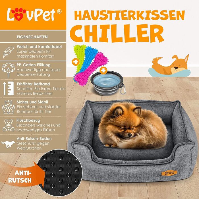 Lovpet® Dog Bed, Dog Cushion, Dog Basket Chiller, Incl. Bowl + 3X Chew Bones, Dog Sofa Cushion for Small, Medium & Large Dogs, Removable and Washable Cover, L 90 x 75 x 25 cm Grey
