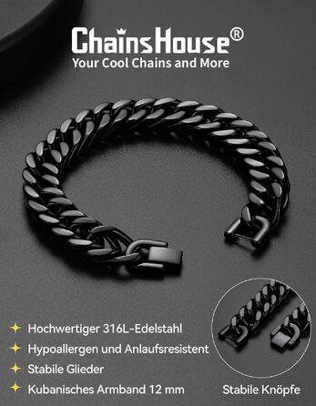 Чоловічий браслет-ланцюг Panzer від ChainsHouse з нержавіючої сталі, стиль хіп-хоп, чорний (ширина 12 мм, довжина 21 см) у подарунковій коробці