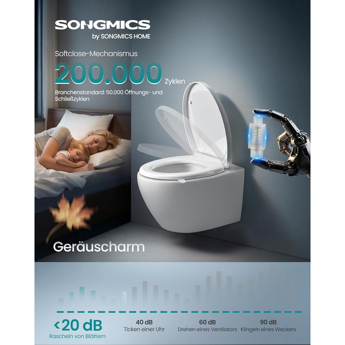 Сидіння для унітаза SONGMICS овальної форми (O-подібне) з мікроліфтом (плавним опусканням), знімною кришкою та ручкою, білий поліпропілен, витримує до 300 кг, BTL001WZ01