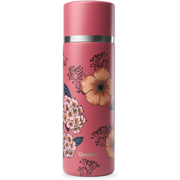 Qwetch Stainless Steel Thermos Flask 750ml - Insulated Water Bottle & Coffee Thermos with Recycled Stainless Steel Cup - 24h Cold & 12h Hot - Leakproof, BPA-Free, Perfect for Coffee & Tea - Brushed Stainless Steel (750 ml, Anemone Design)