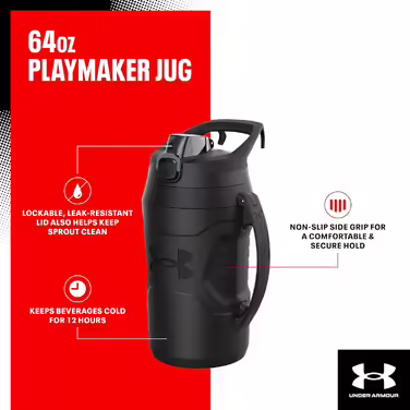 Пляшка для води Under Armour Playmaker Sport, 1,8 л, з ручкою, ізоляція, не протікає, чорна