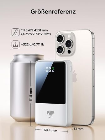 Power Bank 20000mAh з вбудованим кабелем, швидка зарядка 22,5W, USB-C, LED-дисплей, для iPhone 17 16 15 14 13 12 11, білий, 20000mAh