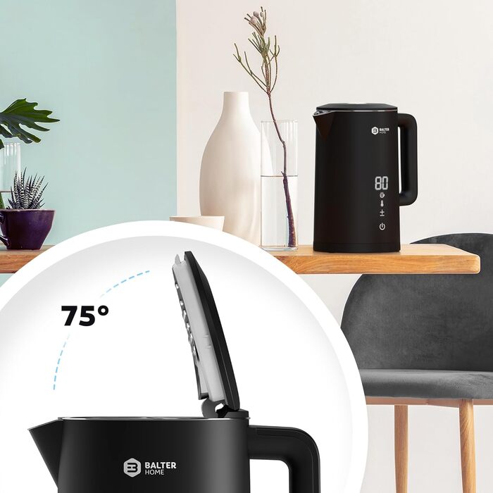 Balter Stainless Steel Kettle with Temperature Setting, 40°C-100°C, Double-Walled, BPA-Free, 1.7L, Black, WK-5-Touch (5 Temperature Levels, LCD)