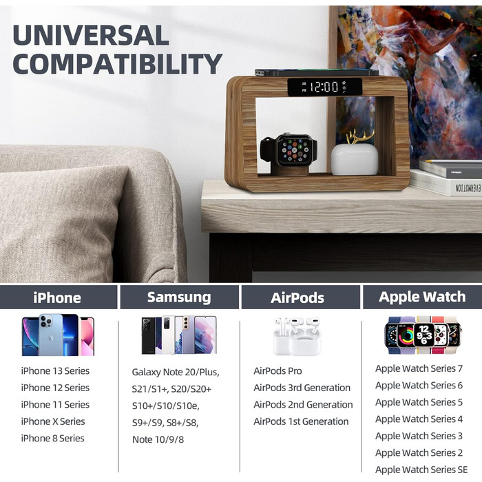 Багатофункціональна бамбукова зарядна станція 5-в-1 з бездротовим зарядним пристроєм, світлодіодним нічником та годинником, сумісна з Apple Watch, AirPods, Samsung Galaxy та іншими пристроями