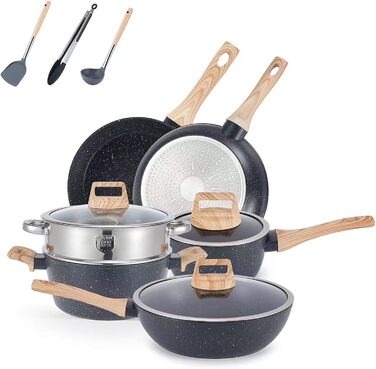 Набір каструль 12 шт. Induktion Kochset: Набір посуду з медичного каменю з кришкою, антипригарне покриття. Ідеально для приготування, смаження та випікання (чорний)