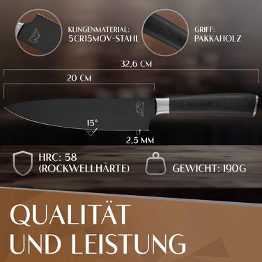 Кухонний ніж Glavory з чорним лезом та дерев'яною ручкою, 20 см - професійний кухонний ніж з надзвичайно гострим лезом, в подарунковій упаковці