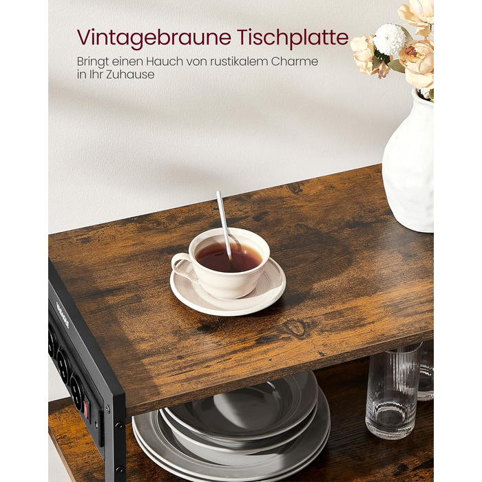 Стелаж кухонний VASAGLE з розетками, підлоговий з 2 металевими кошиками, стелаж пекаря з гачками, полиці, 35 x 80 x 93,5 см, індустріальний дизайн, вінтажний коричневий + чорний, KKS196K01