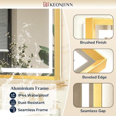 Дзеркало для ванної кімнати Keonjinn з підсвічуванням, чорний металевий каркас 60x80 см, LED, антизапар, сенсорне керування, 3 кольори світла, регулювання яскравості, пам'ять, настінне дзеркало