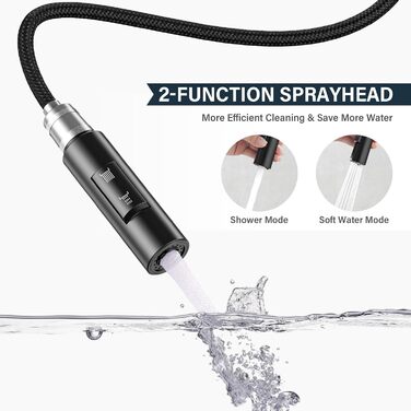 Чорний кухонний змішувач з висувною лійкою, 360° поворот, нержавіюча сталь, гаряча/холодна вода, G3/8'', 2 режими струменя