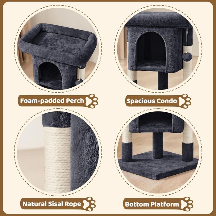 Yaheetech Scratching Post 60 cm Small Cat Scratching Tree, with Cat Cave, Plush Sisal, Cat Tree Cat Furniture Play Tree for Small Cats, Black