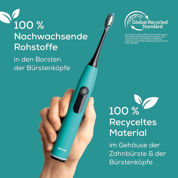 Електрична зубна щітка Beurer SC 50 з 5 режимами чищення та датчиком тиску, 80 000 коливань, дисплей, 2 насадки (Ocean Breeze)