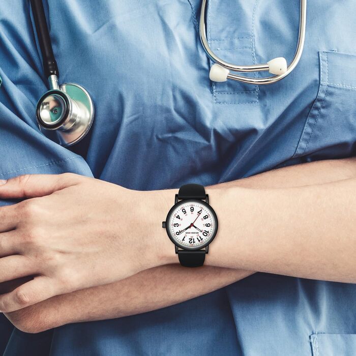 Водонепроникні годинники для медсестер GOLDEN HOUR - годинник для медичних працівників, студентів, жінок та чоловіків, світлодіодне підсвічування, 24 години з секундною стрілкою, силіконовий ремінець (білий/чорний)