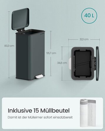 Відро для сміття SONGMICS 40 л з педаллю, сталеве, Softclose, сірий антрацит, з мішками (LTB540A02)