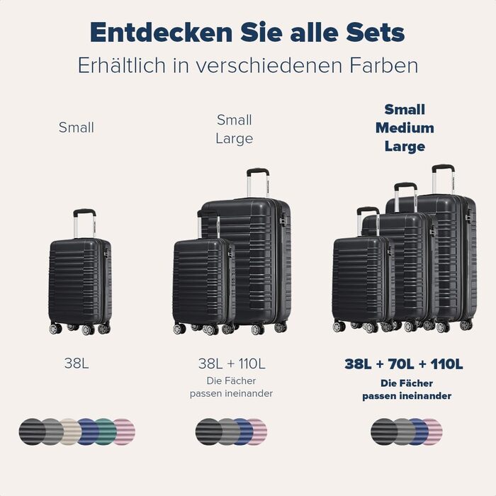 Набір валіз TRVLMORE 3 в 1: велика, середня, маленька, чорний колір. Валізи з жорстким корпусом, для подорожей, ручна поклажа 54x36x20 см.