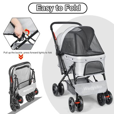 Візок для собак Wedyvko до 20 кг, 4 колеса, складний, для маленьких та середніх собак та котів, з кошиком для зберігання та тримачем для напоїв (сірий)