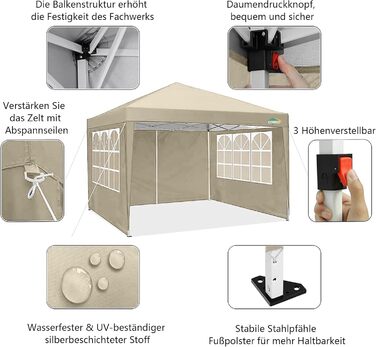 COBIZI Gazebo 3x3 Waterproof Folding Gazebo with 4 Side Walls Outdoor Folding Gazebo Stable UV Protection 50+ Pop-Up Garden Gazebo Party Tent for Outdoors, Garden, Party, Wedding, Market (Khaki, 3x3m)
