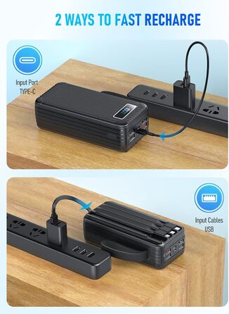 Power Bank 60000 mAh з PD 45W, 6 портів (4 USB-A, 2 Type-C), LED дисплей, вбудовані кабелі, чорний