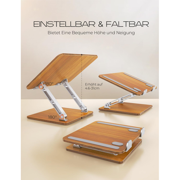 Регульований підставка для ноутбука: алюміній та дерево, складна, сумісна з MacBook, HP (10-16 дюймів)