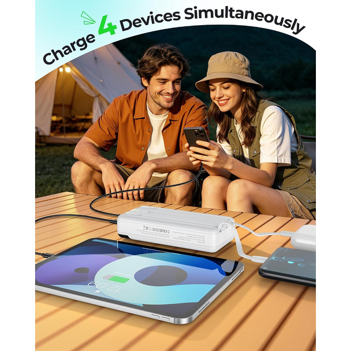 Power Bank Enerwow 27000mAh з USB-C кабелем, 4 виходи/3 входи, LED-дисплей, білий (P300C) - Зовнішній акумулятор для iPhone та інших пристроїв