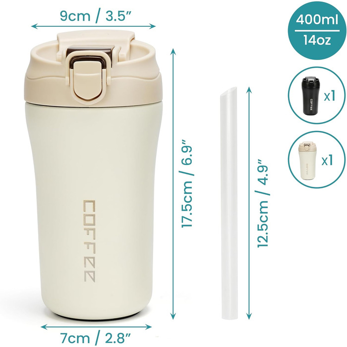 Термокружки Belle Vous 2 шт. з нержавіючої сталі 400 мл - з трубочками та кришками, для гарячих та холодних напоїв