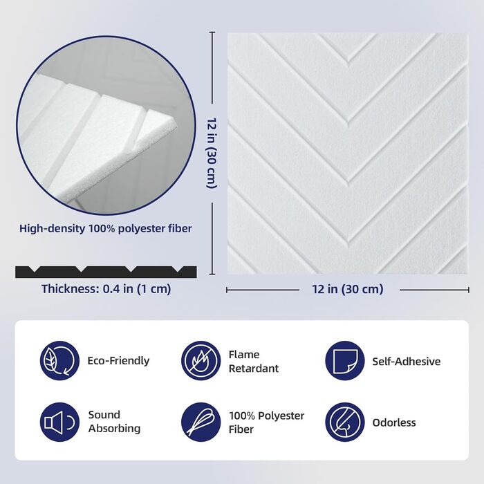 Самоклеяться акустичні панелі Vieshful 30x30x1 см, шумопоглинаючі стінові панелі для студії, офісу та спальні (20 шт, білі)