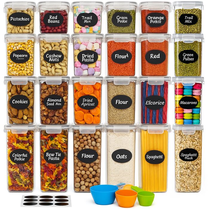 Набір контейнерів для зберігання продуктів з кришкою, 24 шт. BPA-free, великі кухонні контейнери, органайзер для борошна, цукру, круп, з ручкою та етикетками