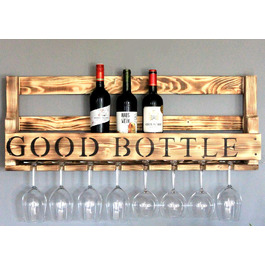 Wooden Wall-Mounted Wine Rack - with Glass Holder and VINO Sign - Flamed - Fully Assembled - Shelf for Wine Bottles and Glasses (Brown / Flamed (with Black Good Bottle Sign))