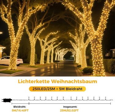 Гірлянда світлодіодна для прикраси ялинки та інтер'єру, 25м, 250 LED, тепле біле світло, 8 режимів, пульт, таймер, IP44, для дому та саду