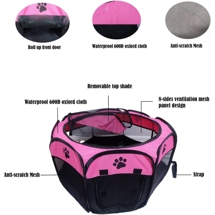 Портативний вольєр для тварин, складаний вольєр для собак та котів, кроликів, тренувальний намет для домашніх тварин, для використання в приміщенні та на вулиці (S (72,9 x 72,9 x 40,6 см), Рожевий)