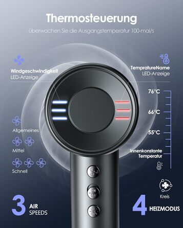 Іонізатор волосся Bopcal, 160000 об/хв, 500 млн іонів, з насадкою-дифузором, професійний фен для дому, салону, подорожей, 12 режимів, чорний