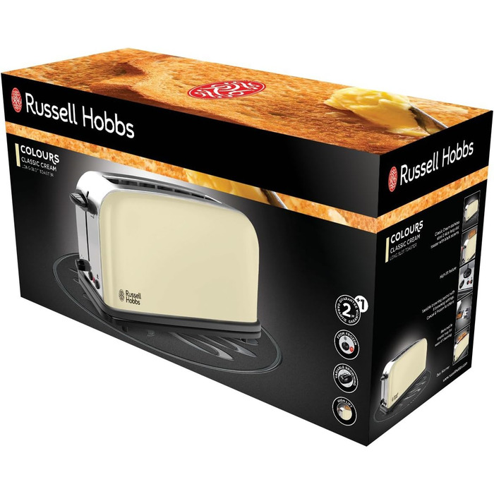 Тостер Russell Hobbs Colours+ з широким слотом, 2 скибки, нержавіюча сталь, кремовий, 1000 Вт, підставка для булочок, 6 режимів підсмажування, функція розморожування