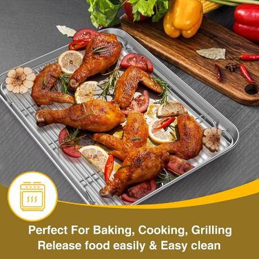 Wildone Baking Sheet with Grid Set (3 pans + 3 racks), stainless steel baking tray with cooling rack, non-toxic, durable, and easy to clean