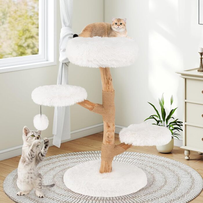 Дерев'яна кігтеточка для котів Costway 90 см з 3 м'якими лежаками, мотузкою та кігтеточкою з джуту, 4-ярусна, білий + натуральний колір