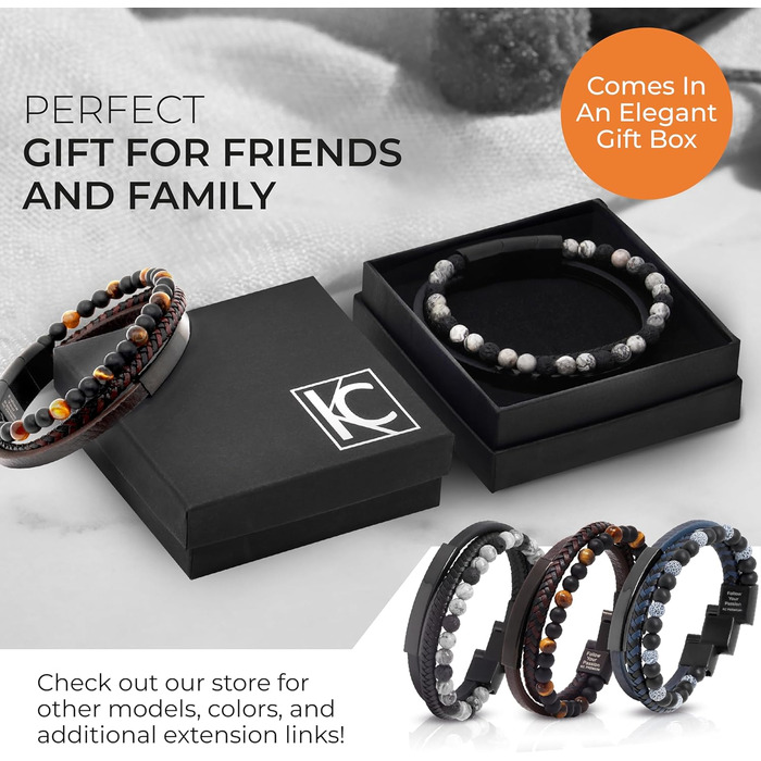 Чоловічий шкіряний браслет з тигровим оком та лавовим каменем | Ручна робота, гравірування, регульований магнітний замок | Чорно-коричнево-синьо-срібний, з подарунковою коробкою